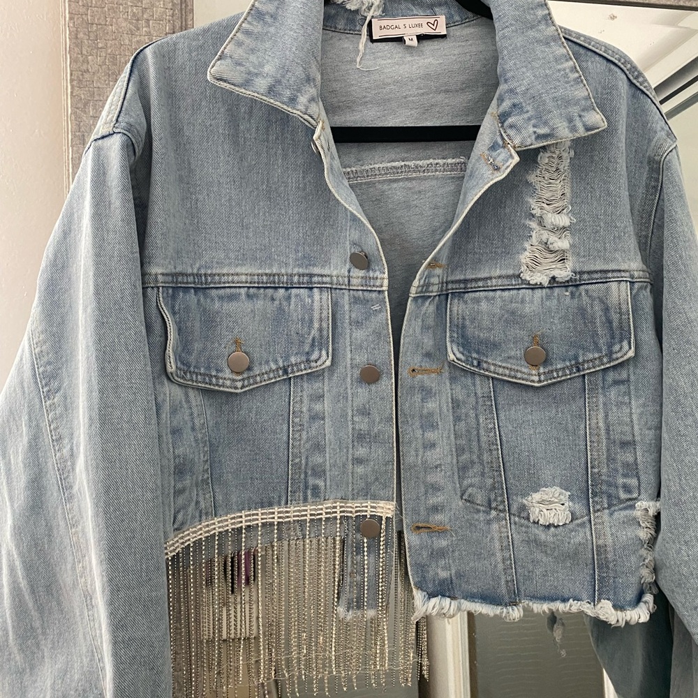 Distressed Denim Jacket with Fringe